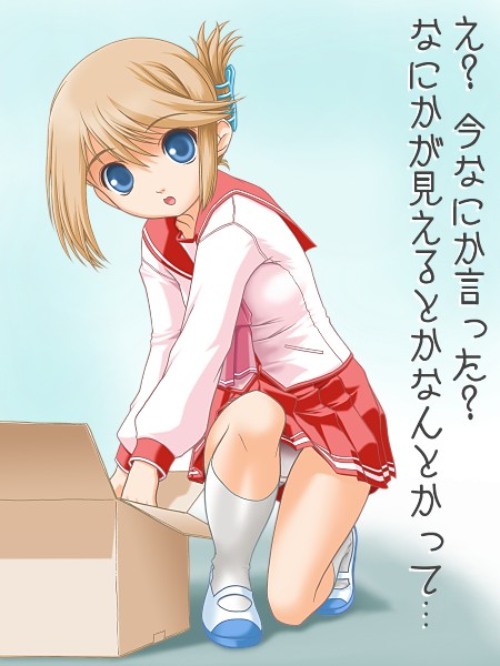 t2r, komaki manaka, to heart (series), to heart 2, 00s, 1girl, blue eyes, brown hair, female focus, folded ponytail, panties, pantyshot, school uniform, serafuku, socks, solo, underwear