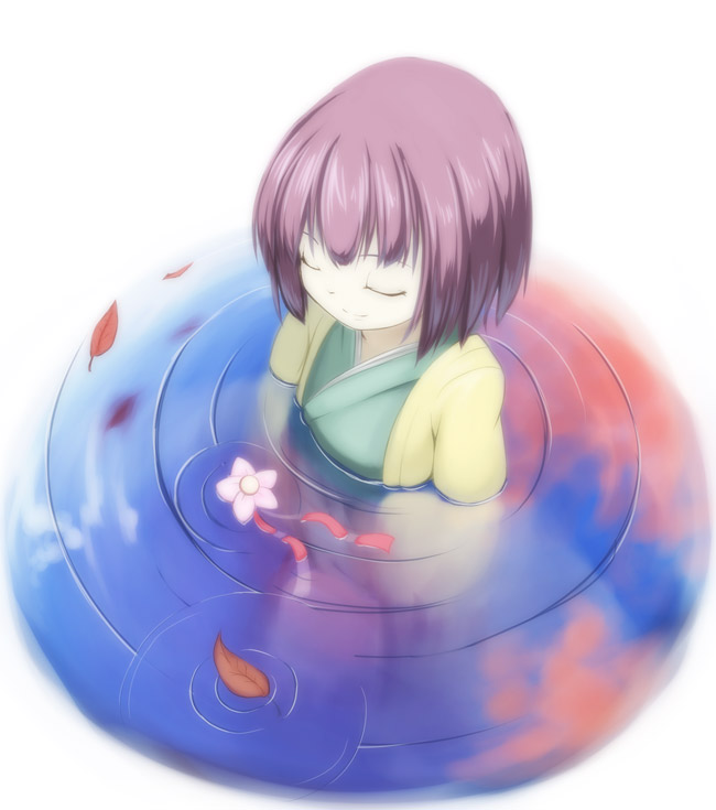 asakura masatoki, hieda no akyuu, perfect memento in strict sense, touhou, 1girl, closed eyes, female focus, flower, from above, heida no akyuu, japanese clothes, nature, outdoors, plant, purple hair, short hair, sky, smile, solo, wading, water, white background