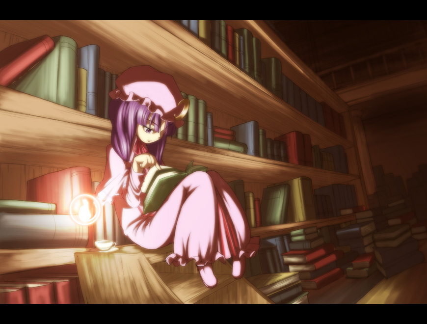 asakura masatoki, patchouli knowledge, touhou, 1girl, book, dress, female focus, hat, indoors, letterboxed, library, open book, purple eyes, purple hair, reading, solo, voile