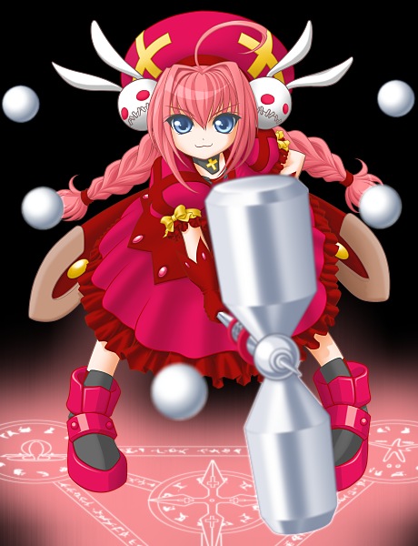 t2r, graf eisen, vita (nanoha), lyrical nanoha, mahou shoujo lyrical nanoha, mahou shoujo lyrical nanoha strikers, 00s, 1girl, black background, blue eyes, blurry, braid, depth of field, female focus, gloves, long hair, looking at viewer, pigeon-toed, pink hair, red gloves, red hair, short sleeves, solo, twin braids