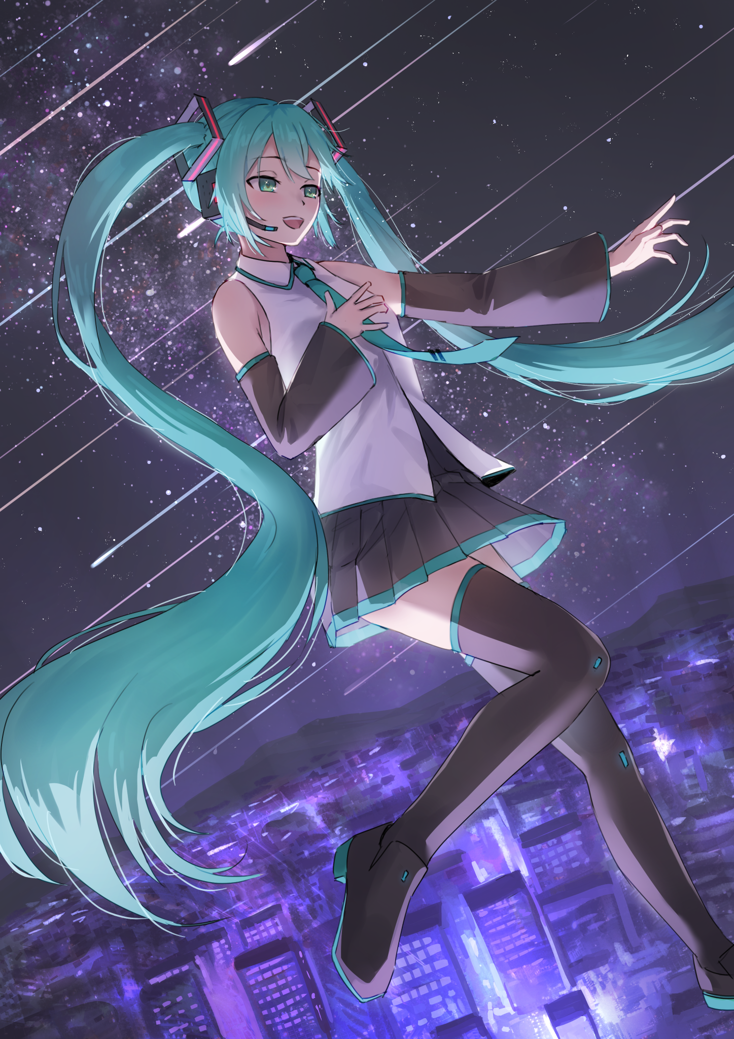 mikawa mikan, hatsune miku, vocaloid, commentary request, highres, 1girl, aqua eyes, aqua hair, aqua necktie, black skirt, black sleeves, black thighhighs, blush, cityscape, collared shirt, detached sleeves, flying, hand on own chest, headset, long hair, necktie, open mouth, outstretched arm, pleated skirt, shirt, skirt, sky, sleeveless, sleeveless shirt, solo, star (sky), starry sky, thighhighs, twintails, very long hair, zettai ryouiki
