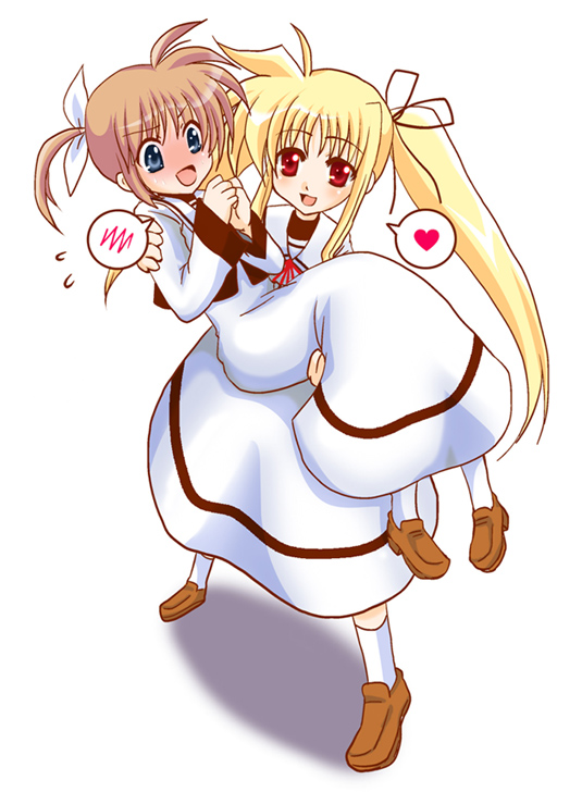 mekimeki, fate testarossa, takamachi nanoha, lyrical nanoha, mahou shoujo lyrical nanoha, 00s, 2girls, blonde hair, blue eyes, blush, brown hair, carrying, heart, multiple girls, princess carry, red eyes, school uniform, serafuku, speech bubble, twintails, yuri