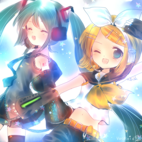 torii sumi, hatsune miku, kagamine rin, vocaloid, blonde hair, blush, detached sleeves, green hair, headphones, long hair, midriff, necktie, short hair, shorts, thighhighs, twintails, very long hair