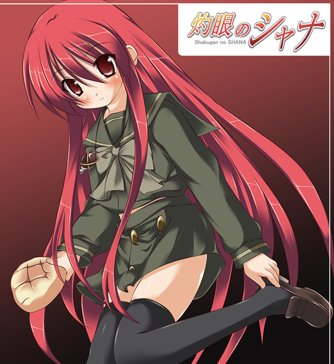shin'ya natsuki, alastor (shakugan no shana), shana, shakugan no shana, 00s, 1girl, blush, bread, female focus, food, jewelry, melon bread, pendant, red eyes, red hair, school uniform, serafuku, solo, thighhighs, zettai ryouiki