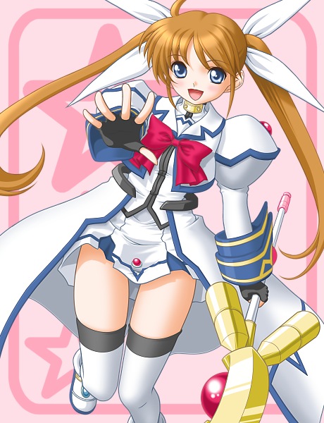 t2r, raising heart, raising heart (accel mode), takamachi nanoha, takamachi nanoha (aggressor mode), lyrical nanoha, mahou shoujo lyrical nanoha, mahou shoujo lyrical nanoha strikers, 00s, 1girl, :d, blue eyes, brown hair, female focus, fingerless gloves, gloves, long hair, open mouth, outstretched hand, smile, solo, staff, thighhighs, twintails, zettai ryouiki