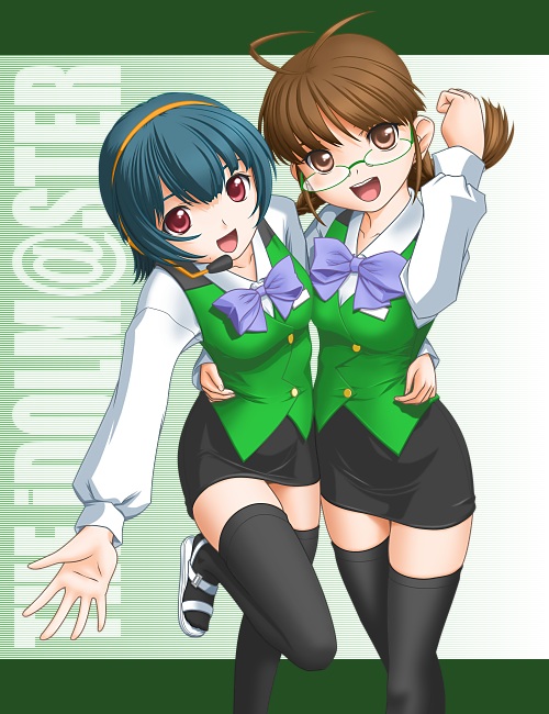 t2r, akizuki ritsuko, otonashi kotori, idolmaster, idolmaster (classic), idolmaster 1, 2girls, blue hair, bow, brown eyes, brown hair, cosplay, glasses, multiple girls, otonashi kotori (cosplay), red eyes, thighhighs, zettai ryouiki