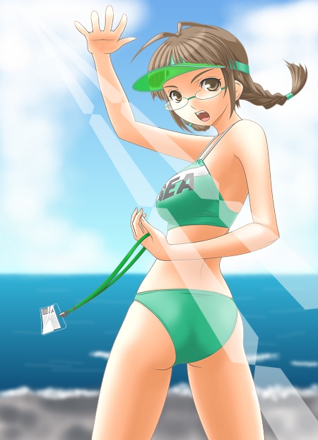 t2r, akizuki ritsuko, idolmaster, idolmaster (classic), idolmaster 1, visor, 00s, 1girl, bikini, blue sky, braid, brown hair, cloud, cowboy shot, day, female focus, from behind, glasses, green bikini, horizon, lanyard, looking back, open mouth, outdoors, sky, solo, swimsuit, visor cap, water