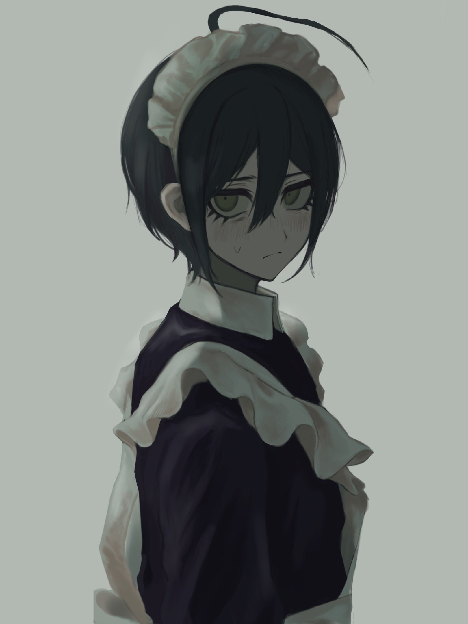 ie (kshgnhg), saihara shuichi, danganronpa (series), danganronpa v3: killing harmony, highres, 1boy, ahoge, alternate costume, apron, black dress, black hair, blush, closed mouth, crossdressing, dress, enmaided, grey background, hair between eyes, looking at viewer, lower eyelashes only, maid, maid headdress, male focus, simple background, solo, sweat, upper body, white apron