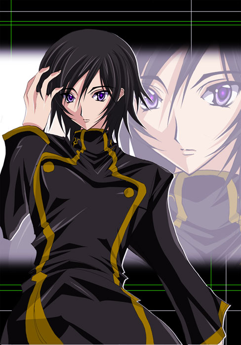 mura (mapisha), lelouch vi britannia, code geass, 00s, 1boy, adjusting hair, black hair, hand on own head, male focus, purple eyes, school uniform, serafuku, short hair, solo, turtleneck, zoom layer