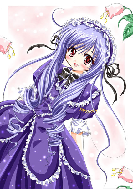 mura (mapisha), aria (sister princess), sister princess, 00s, 1girl, ahoge, arms behind back, blue hair, blush, bow, dress, drill hair, dutch angle, female focus, flower, frills, hairband, lolita fashion, lolita hairband, long hair, red eyes, ribbon, smile, solo, sparkle, very long hair
