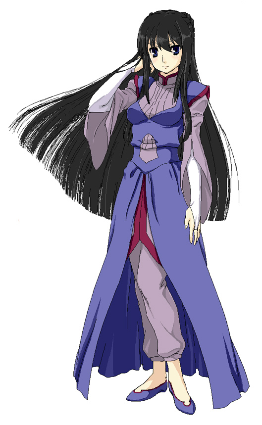 kirisato itsuki, marina ismail, gundam, gundam 00, 00s, 1girl, arm at side, arm up, black hair, breasts, female focus, full body, hand in own hair, legs together, long hair, long sleeves, looking at viewer, pants, robe, simple background, solo, standing, very long hair, white background