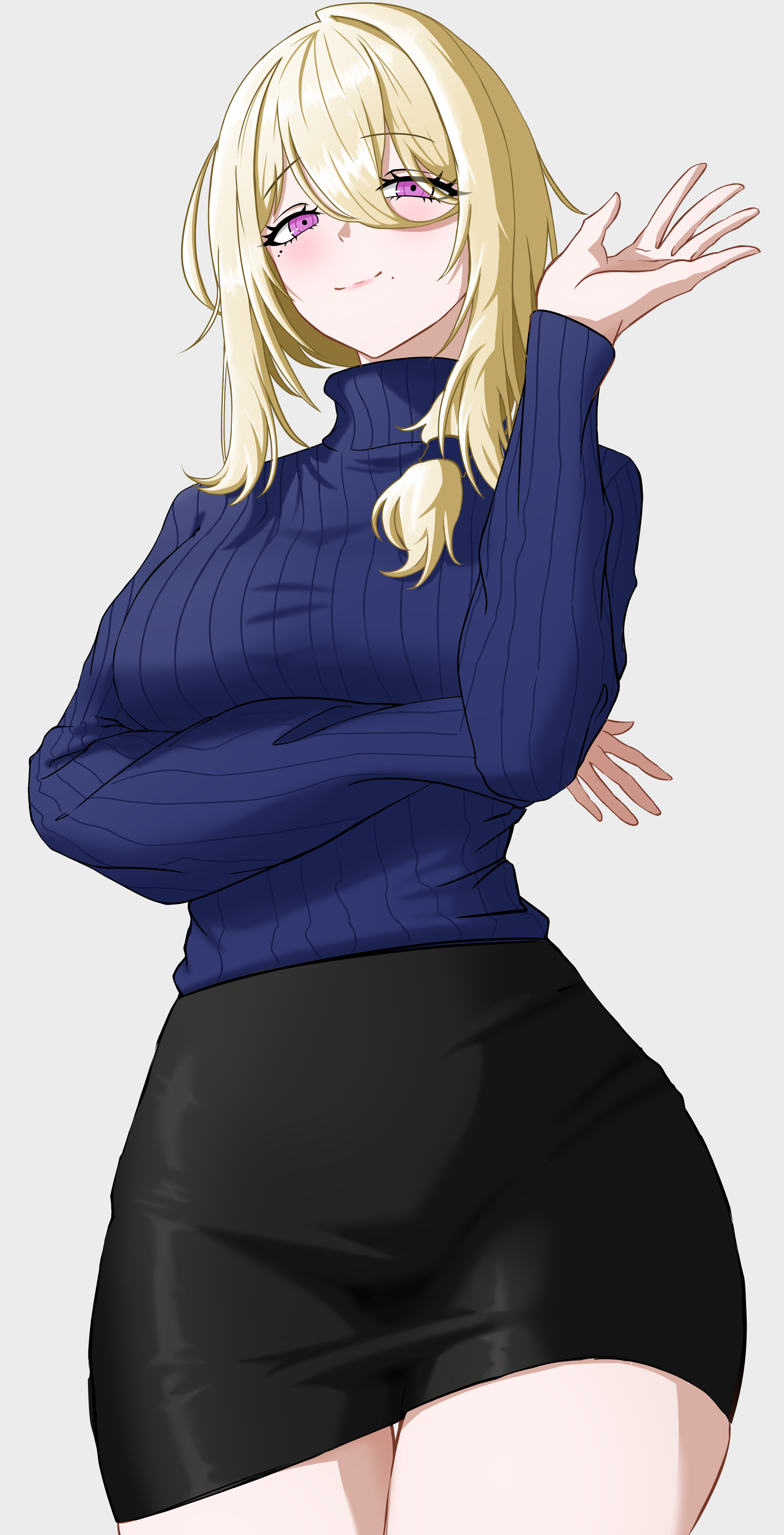 dnfkrvkdlx32, andoris (girls' frontline 2), girls' frontline, girls' frontline 2: exilium, absurdres, commentary, highres, korean commentary, 1girl, alternate costume, black skirt, blonde hair, blue sweater, blush, breasts, closed mouth, crossed arms, feet out of frame, hand up, long hair, long sleeves, looking at viewer, medium breasts, mole, mole under eye, mole under mouth, purple eyes, simple background, skirt, smile, solo, standing, sweater, white background