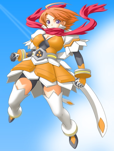 t2r, tokiha mai, my-otome, 00s, 1girl, ahoge, female focus, full body, looking at viewer, orange hair, orange shirt, red scarf, scarf, shirt, solo, thighhighs, zettai ryouiki
