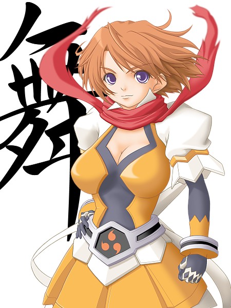 t2r, tokiha mai, my-otome, 00s, 1girl, black gloves, bodysuit, bracelet, breasts, brown hair, cleavage, clenched hand, elbow gloves, female focus, gloves, jewelry, large breasts, looking at viewer, orange shirt, purple eyes, red scarf, scarf, shirt, short hair, simple background, solo, white background