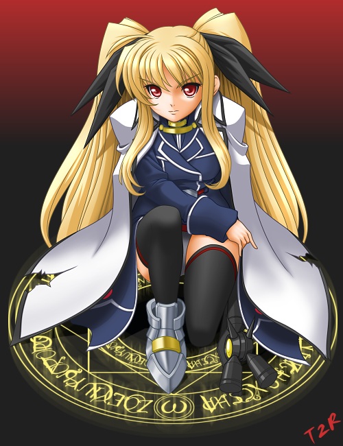 t2r, fate testarossa, fate testarossa (impulse form), lyrical nanoha, mahou shoujo lyrical nanoha, mahou shoujo lyrical nanoha strikers, 00s, blonde hair, cape, long hair, red eyes, solo, thighhighs, twintails, zettai ryouiki