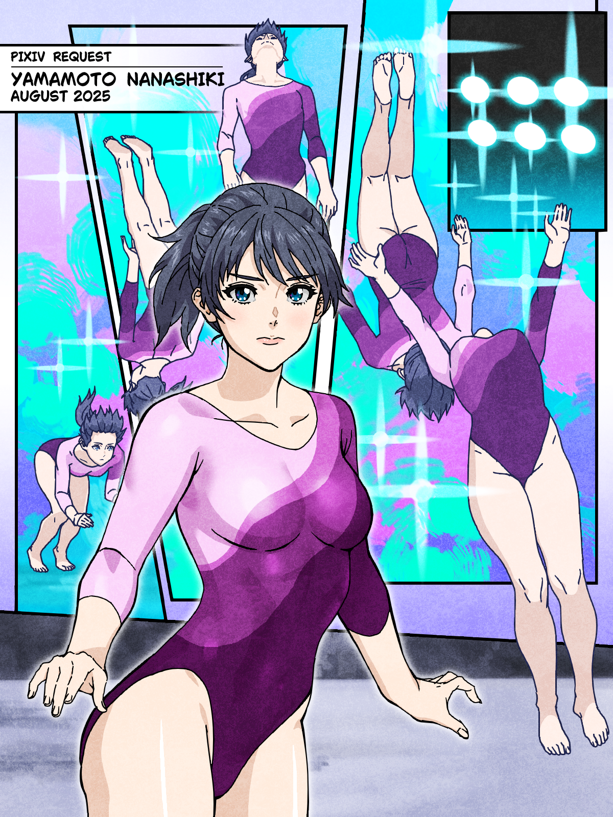 yamamoto nanashiki, original, highres, barefoot, gymnastics, leotard, purple shirt, shirt