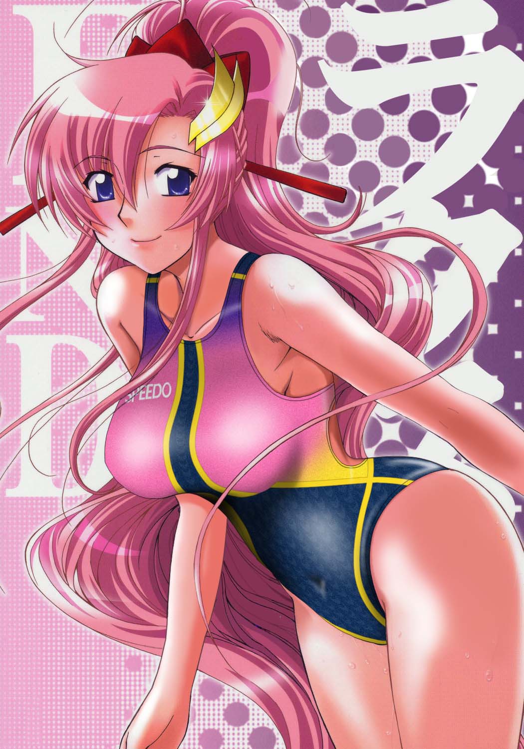 suzuki address, lacus clyne, gundam, gundam seed, gundam seed destiny, speedo (company), highres, non-web source, scan, 00s, 1girl, armpits, blue eyes, blush, bow, breasts, competition swimsuit, curvy, female focus, gradient background, hair bow, hair ornament, large breasts, leaning forward, long hair, looking at viewer, naughty face, navel, one-piece swimsuit, parted bangs, pink hair, polka dot, polka dot background, ponytail, side slit, skin tight, smile, solo, standing, swimsuit, thighs, very long hair, wet