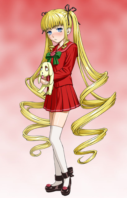 ichikawa masahiro, kunkun, shinku, rozen maiden, 00s, blonde hair, blue eyes, drill hair, long hair, miniskirt, skirt, solo, stuffed animal, stuffed toy, thighhighs, zettai ryouiki
