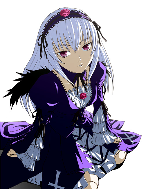 ichikawa masahiro, suigintou, rozen maiden, 00s, bonnet, doll, goth fashion, kneeling, leaning forward, long hair, purple eyes, red eyes, solo, wings