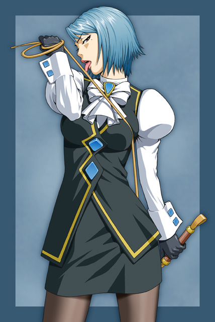 ichikawa masahiro, franziska von karma, ace attorney, capcom, 1girl, blue hair, female focus, gloves, licking, mole, mole under eye, pantyhose, pencil skirt, sexually suggestive, short hair, skirt, solo, tongue, tongue out, whip