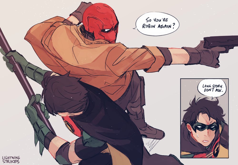 lightningstrikes, jason todd, red hood (dc), robin (dc), tim drake, batman (series), dc comics, artist name, bat signal, batman symbol, belt, black bodysuit, black gloves, black hair, bodysuit, brothers, brown jacket, cape, domino mask, gloves, grey bodysuit, holding, jacket, male focus, mask, multiple boys, muscular, muscular male, open clothes, pants, red hood and the outlaws, red mask, short hair, siblings, superhero costume, taut bodysuit, two-tone bodysuit