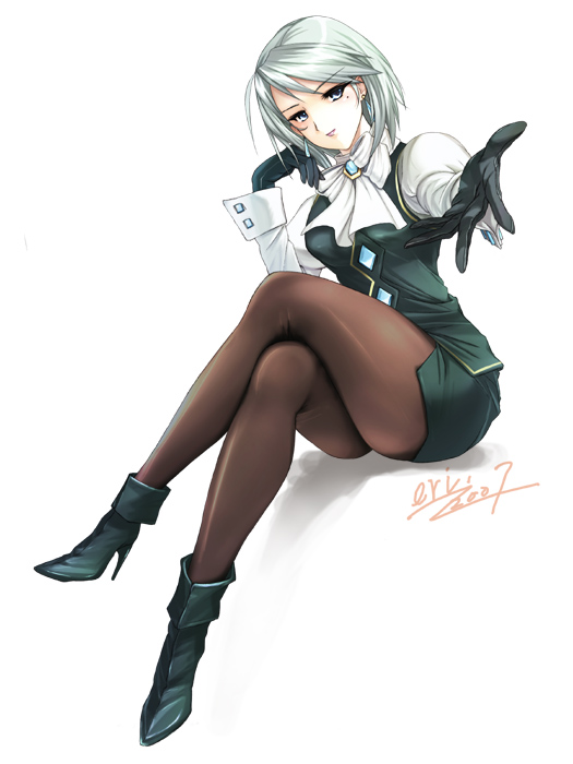 eri (artist), niwashi, franziska von karma, ace attorney, capcom, 1girl, boots, crossed legs, female focus, gloves, high heel boots, high heels, legs, long legs, miniskirt, mole, mole under eye, pantyhose, pencil skirt, shoes, short hair, sitting, skirt, solo