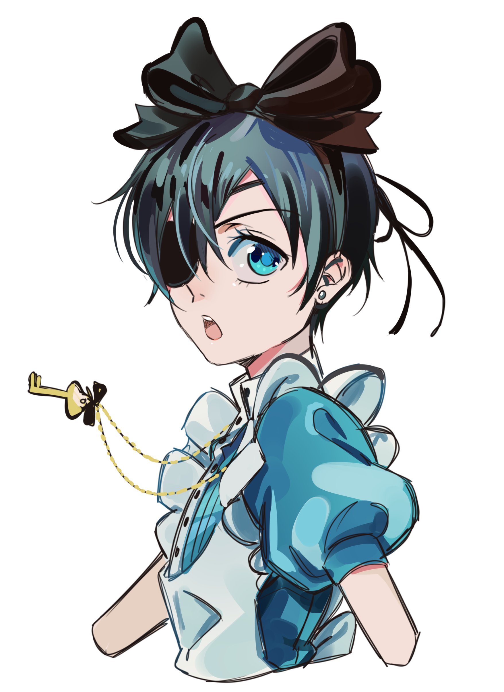 uneasywolf, ciel phantomhive, kuroshitsuji, absurdres, highres, 1boy, blue eyes, crossdressing, crossdressing (mtf), earrings, eyepatch, hair between eyes, jewelry, male focus, ribbon, short hair, solo, trap