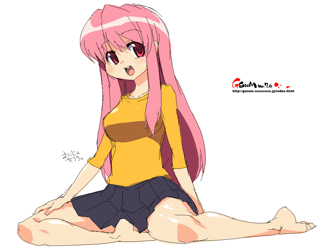 onija tarou, original, tagme, blouse, hair flaps, hand on own thigh, oekaki, orange shirt, pink hair, pink theme, red eyes, shirt, sitting, solo, teeth, upper teeth only