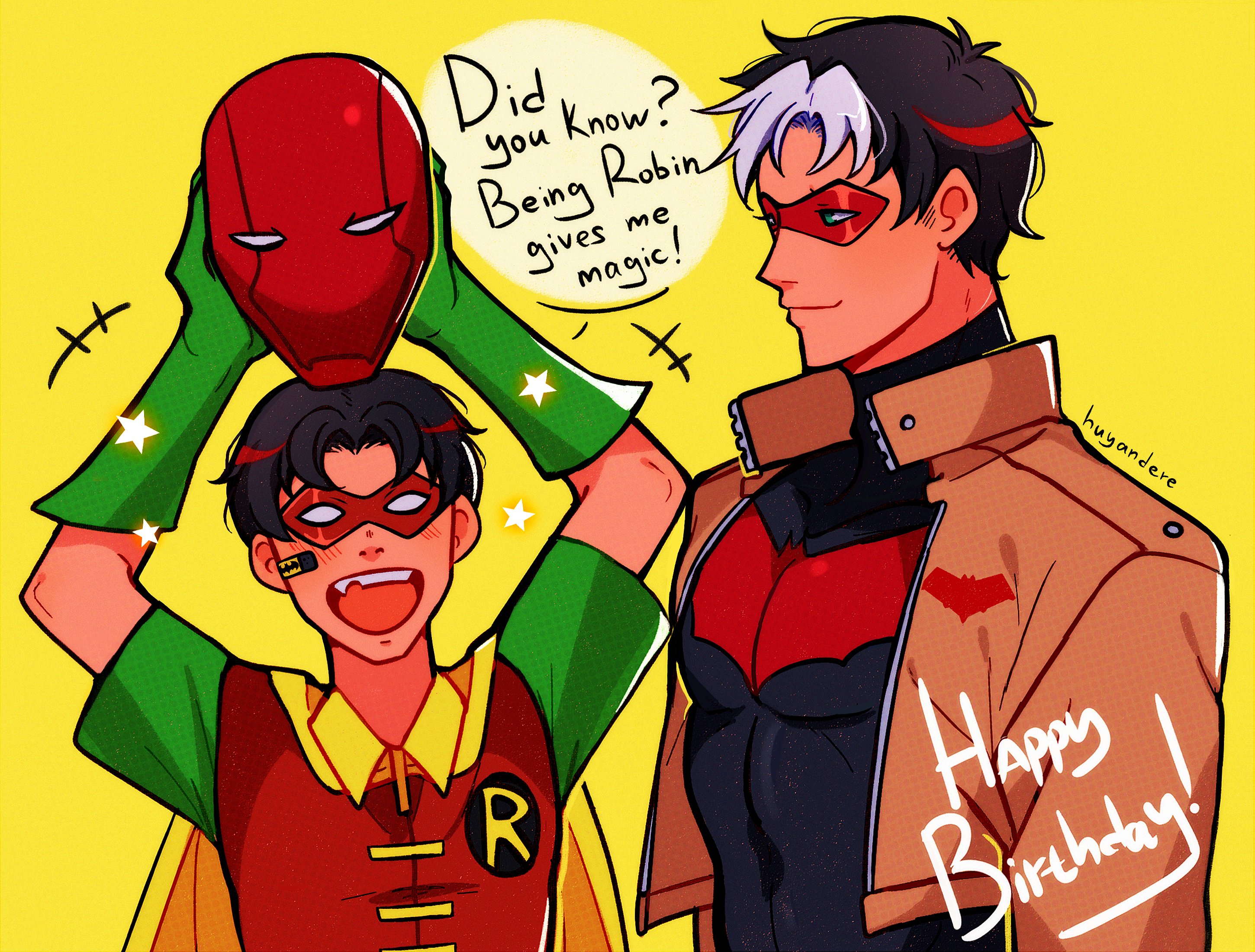 huyandere, jason todd, red hood (dc), robin (dc), batman (series), dc comics, highres, bat signal, batman symbol, black bodysuit, black hair, blue eyes, bodysuit, brown jacket, cape, domino mask, dual persona, gloves, grey bodysuit, holding, jacket, male focus, mask, multicolored hair, multiple boys, muscular, muscular male, open clothes, red hood and the outlaws, red mask, short hair, superhero costume, taut bodysuit, two-tone bodysuit, yellow cape