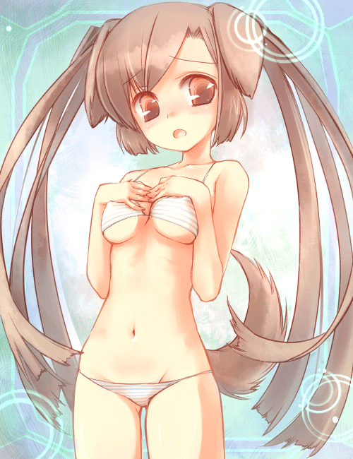 mofmof (sousa), original, 1girl, animal ears, bikini, blush, breasts, brown eyes, brown hair, dog ears, female focus, lowleg, lowleg bikini, panties, small breasts, solo, striped bikini, striped clothes, striped panties, swimsuit, tail, underboob, underwear, white bikini
