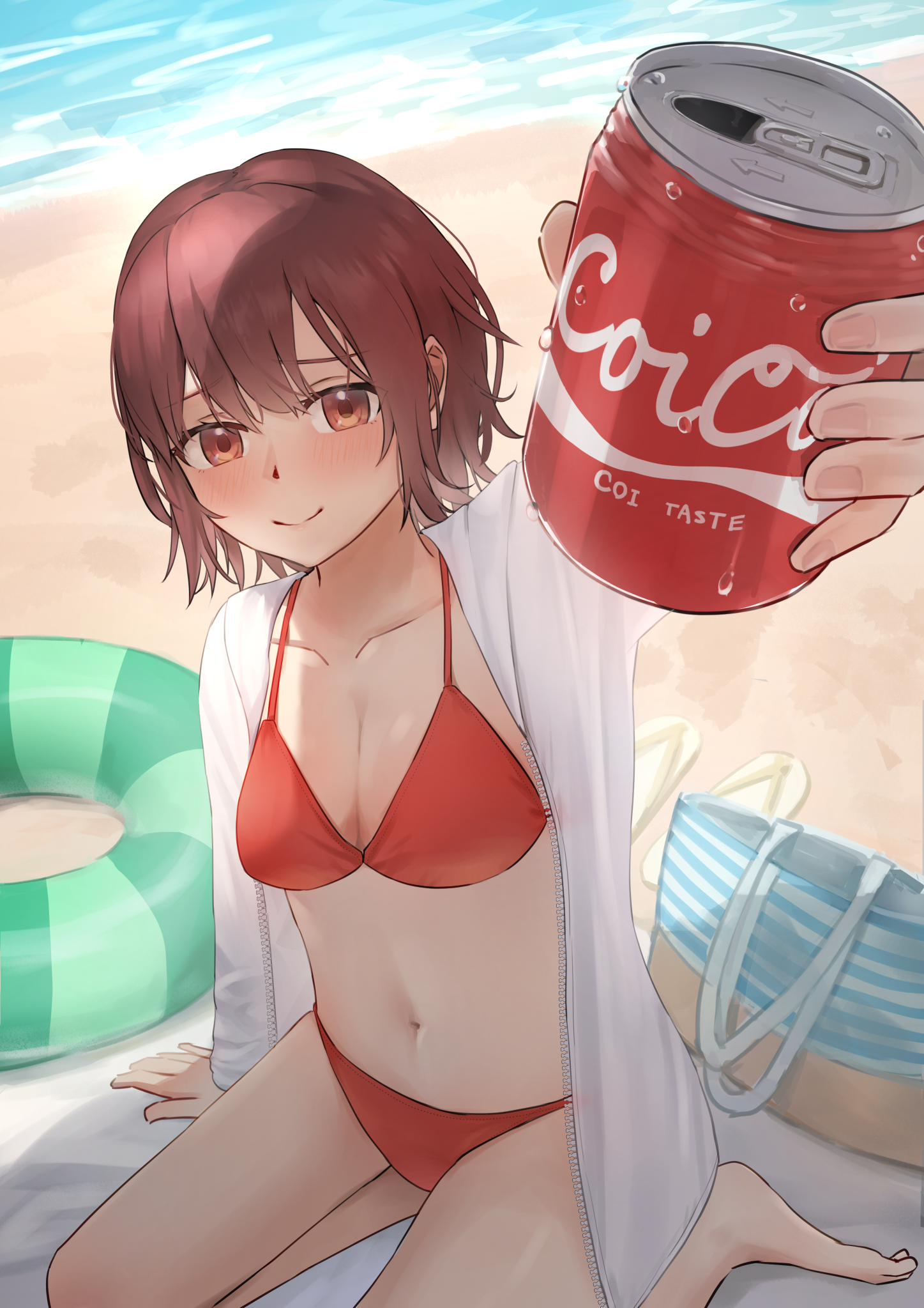 mikawa mikan, original, commentary request, highres, 1girl, arm support, bag, barefoot, beach, beach towel, bikini, blush, breasts, brown eyes, brown hair, can, cleavage, closed mouth, collarbone, day, drink can, food, hair between eyes, holding, innertube, large breasts, long sleeves, looking at viewer, navel, ocean, open clothes, open shirt, outdoors, red bikini, sand, shirt, short hair, sitting, smile, solo, stomach, string bikini, swim ring, swimsuit, towel, wariza, water, white shirt