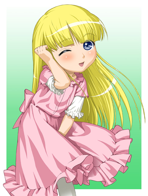 ichikawa masahiro, cosette, cosette tholomyes, les miserables, nippon animation, world masterpiece theater, 00s, 1girl, blonde hair, blue eyes, dress, female focus, gradient background, loli, long hair, one eye closed, simple background, smile, solo, wink