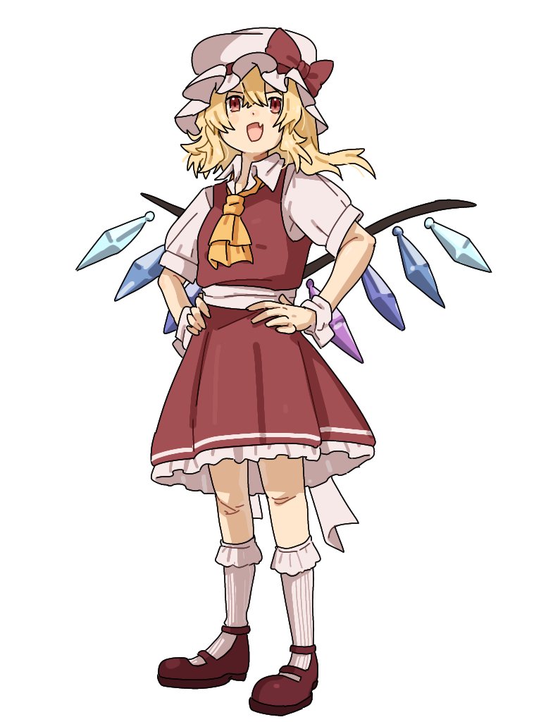 mozupoko, flandre scarlet, touhou, commentary request, 1girl, ascot, blonde hair, bow, collared shirt, fang, frilled skirt, frills, full body, hands on own hips, hat, hat bow, long hair, looking to the side, mob cap, one side up, open mouth, red eyes, shirt, short sleeves, skirt, skirt set, smile, socks, solo, wings, wrist cuffs