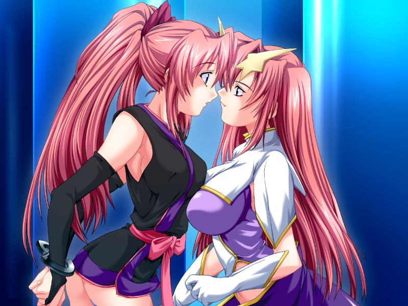 natsuka qya, lacus clyne, meer campbell, gundam, gundam seed, gundam seed destiny, game cg, non-web source, 00s, 2girls, :o, armpits, arms behind back, ass, asymmetrical docking, bdsm, blue eyes, blue panties, bondage, bound, bow, breast press, breasts, bridal gauntlets, capelet, covered erect nipples, cuffs, elbow gloves, embarrassed, eye contact, gloves, hair bow, hair ornament, handcuffs, highleg, highleg leotard, imminent kiss, impossible clothes, impossible leotard, indoors, japanese clothes, kimono, large breasts, leotard, long hair, looking at another, midriff, multiple girls, naughty face, no bra, open mouth, panties, pantyshot, parted bangs, pink hair, ponytail, profile, sash, short kimono, sideboob, skin tight, skirt, sleeveless, sleeveless kimono, smile, star (symbol), star hair ornament, surprised, thong, turtleneck, underwear, upper body, very long hair, white gloves, yuri