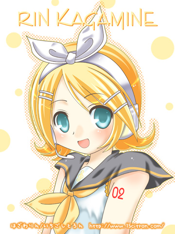15citron, kagamine rin, vocaloid, lowres, 1girl, :d, aqua eyes, arm tattoo, blonde hair, blouse, character name, female focus, hair ornament, hair ribbon, hairclip, headphones, headset, looking at viewer, neckerchief, number tattoo, open mouth, ribbon, school uniform, serafuku, shirt, short hair, simple background, sleeveless, sleeveless shirt, smile, solo, tattoo, upper body, white background, white ribbon, white shirt, yellow neckerchief