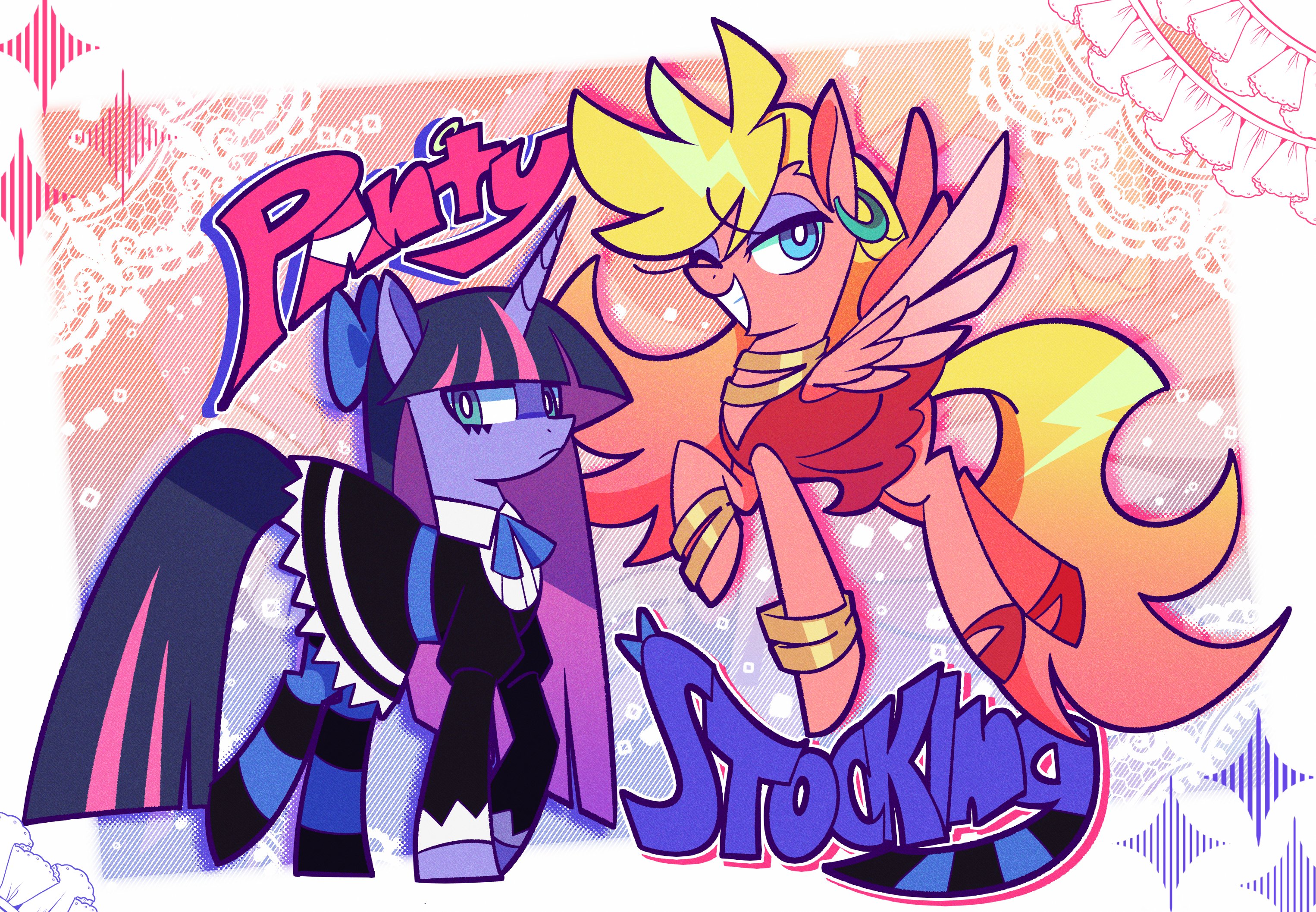 applejoople, panty (psg), stocking (psg), my little pony, my little pony: friendship is magic, panty & stocking with garterbelt, highres, 2girls, blonde hair, blue eyes, bow, colored inner hair, colored skin, dress, hair bow, jewelry, lauren faust (style), long hair, multicolored hair, multiple girls, pink hair, red skin, siblings, sisters, smile, striped clothes, striped leggings, two-tone hair