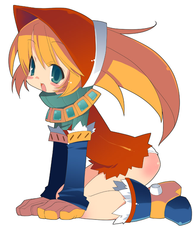 zankuro, cordelia (saga), meythia, saga, saga frontier 2, 1girl, :o, ass, blonde hair, blue gloves, body blush, bonnet, collar, dress, elbow gloves, female focus, full body, gloves, green eyes, kneeling, no pants, open mouth, panties, red dress, simple background, solo, underwear, white background