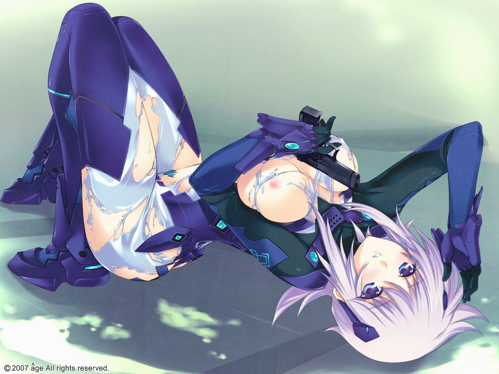 iizuki tasuku, cryska barchenowa, muv-luv, muv-luv alternative, muv-luv total eclipse, muvluv alternative total eclipse, total eclipse, light purple hair, pilot suit, highres, 00s, 1girl, 2007, armor, blue bodysuit, blue eyes, blue hair, blush, bodysuit, boots, breasts, female focus, gun, hair ornament, handgun, kurisuka byaachenowa, large breasts, lying, matching hair/eyes, nipples, on back, pistol, purple hair, semi-automatic pistol, skin tight, skindentation, solo, torn clothes, weapon