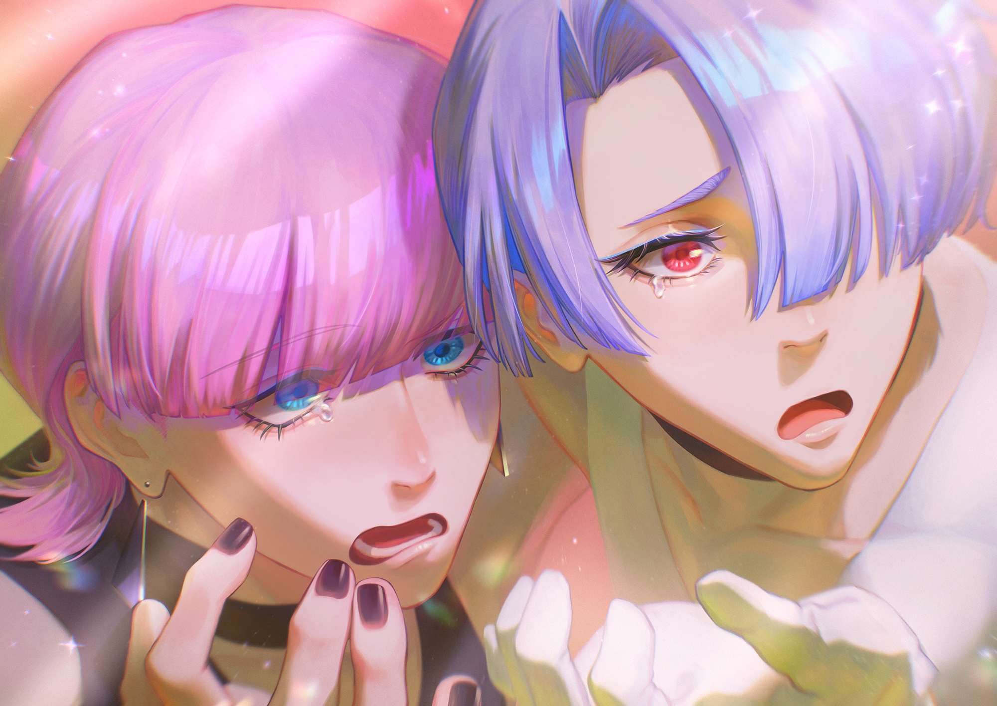 loveturtle2, polyester (psg), polyurethane (psg), panty & stocking with garterbelt, highres, 2boys, bishounen, black nails, blue eyes, blunt bangs, brothers, choker, earrings, girly boy, gloves, hair over one eye, jewelry, lower eyelashes only, male focus, multiple boys, pink hair, red eyes, siblings, triangle earrings, white gloves