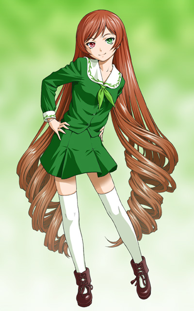 ichikawa masahiro, suiseiseki, rozen maiden, 00s, 1girl, brown hair, doll joints, drill hair, green eyes, hands on own hips, head tilt, heterochromia, joints, long hair, red eyes, school uniform, serafuku, thighhighs, very long hair, zettai ryouiki