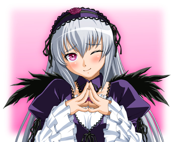 ichikawa masahiro, suigintou, rozen maiden, silver hair, 00s, 1girl, female focus, frilled sleeves, frills, head tilt, long hair, one eye closed, pink eyes, smile, solo, steepled fingers, upper body, wings, wink