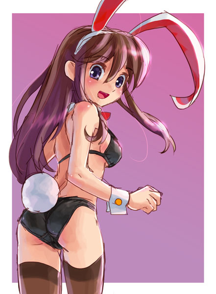 katahira masashi, original, 1girl, animal ears, ass, back, bikini, black bikini, blue eyes, brown hair, cowboy shot, female focus, from behind, long hair, looking at viewer, looking back, rabbit ears, rabbit girl, solo, swimsuit, thighhighs, wrist cuffs