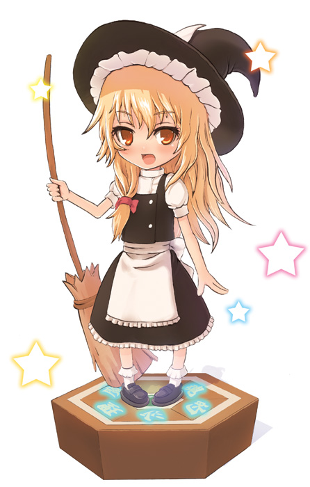 mitsuki yuuya, kirisame marisa, touhou, 1girl, black hat, blonde hair, broom, faux figurine, female focus, figure stage, hat, orange eyes, solo, star (symbol), witch, witch hat