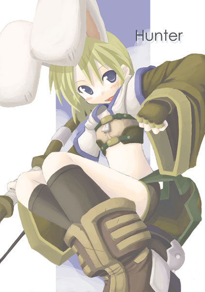 mochiki, hunter (ragnarok online), ragnarok online, 1girl, :d, animal ears, black socks, blonde hair, blue eyes, brown gloves, female focus, fingerless gloves, full body, gloves, hunter, kneehighs, looking at viewer, open mouth, rabbit ears, simple background, smile, socks, solo, white background, wide sleeves