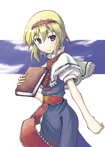 mochiki, alice margatroid, touhou, 1girl, blonde hair, blue eyes, book, capelet, female focus, hairband, short hair, solo