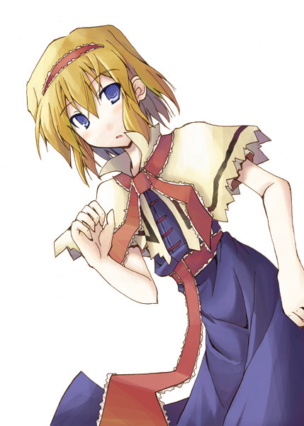 mochiki, alice margatroid, touhou, 1girl, blonde hair, capelet, female focus, hairband, short hair, solo