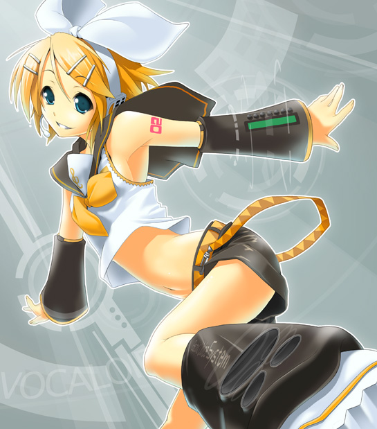 nabeshiki, nilitsu, kagamine rin, vocaloid, 1girl, aqua eyes, armpits, belt, blonde hair, blouse, bow, detached sleeves, female focus, grin, hair ornament, hairclip, headphones, headset, leg warmers, midriff, navel, outstretched arms, shirt, shoes, short hair, shorts, sleeveless, sleeveless shirt, smile, solo, treble clef, white shirt