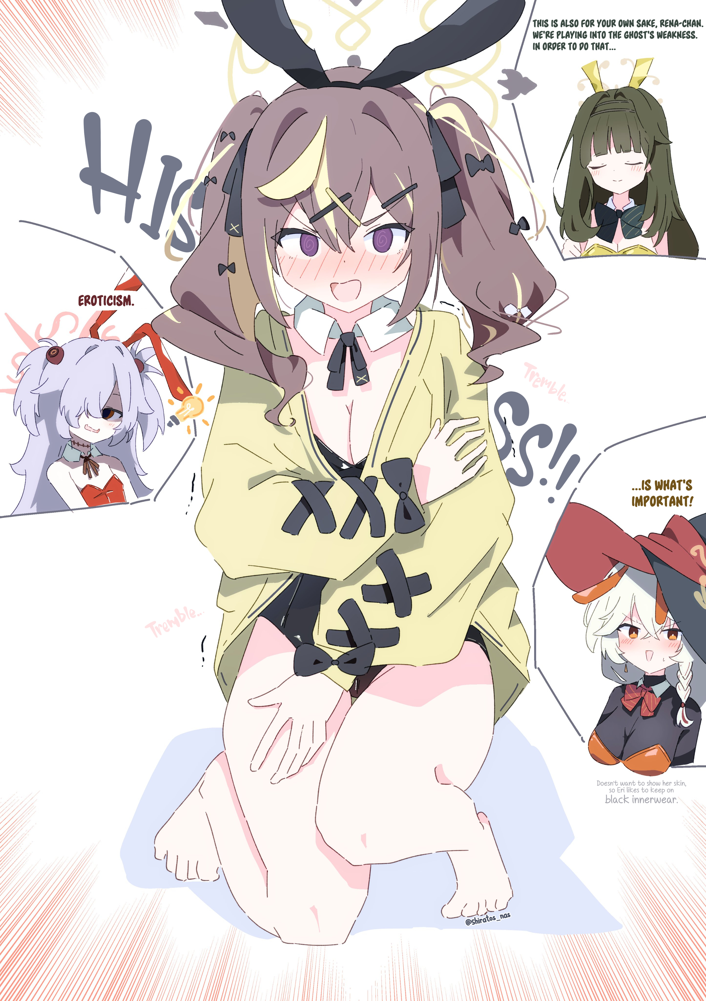 shiratos nas, eri (blue archive), kanoe (blue archive), rena (blue archive), tsumugi (blue archive), blue archive, 4girls, bare legs, barefoot, blush, bow, bowtie, breasts, brown hair, cardigan, cleavage, closed eyes, collar, english translation, eyeshadow, green hair, hair ornament, halo, hat, headgear, leotard, makeup, multiple girls, orange eyes, purple eyes, rabbit ears, sweater, twintails, white hair, witch hat