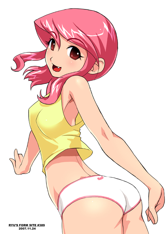 ryu (ryu's form site), original, ass, cowboy shot, dated, fang, midriff, no pants, panties, pink hair, red eyes, simple background, solo, tank top, underwear, white background