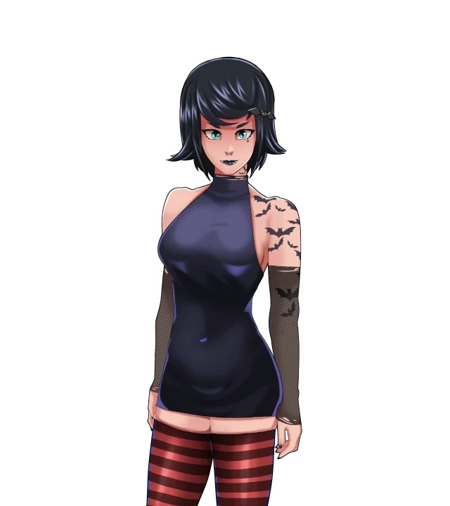 andrealphus games, arm tattoo, black hair, blue dress, blue eyes, breasts, dress, looking at viewer, love n sex second base, modeling, standing, tattoo, thighhighs, vampire, violaine (love n sex)